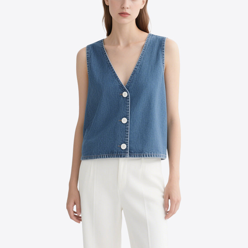 Casual and Versatile Blue Denim V-Neck Sleeveless Cardigan