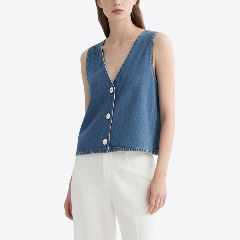 Casual and Versatile Blue Denim V-Neck Sleeveless Cardigan
