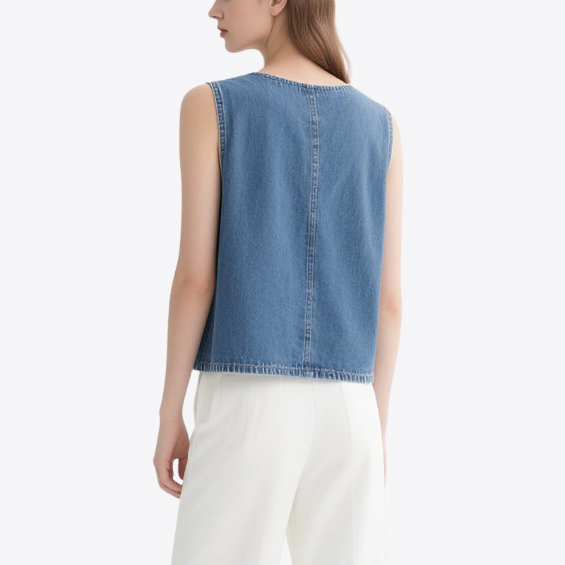 Casual and Versatile Blue Denim V-Neck Sleeveless Cardigan