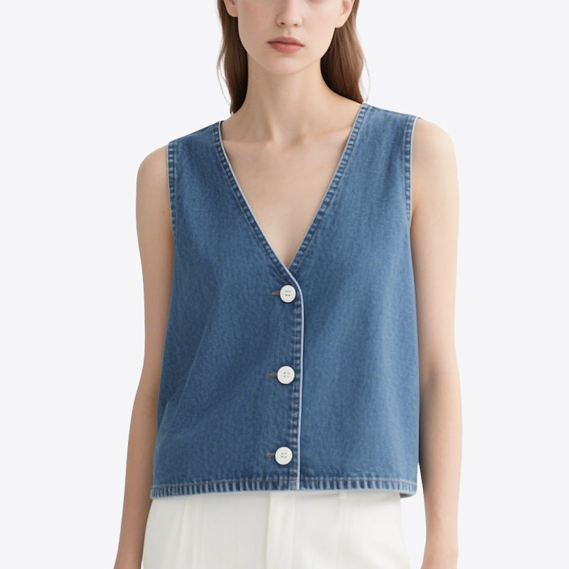 Casual and Versatile Blue Denim V-Neck Sleeveless Cardigan