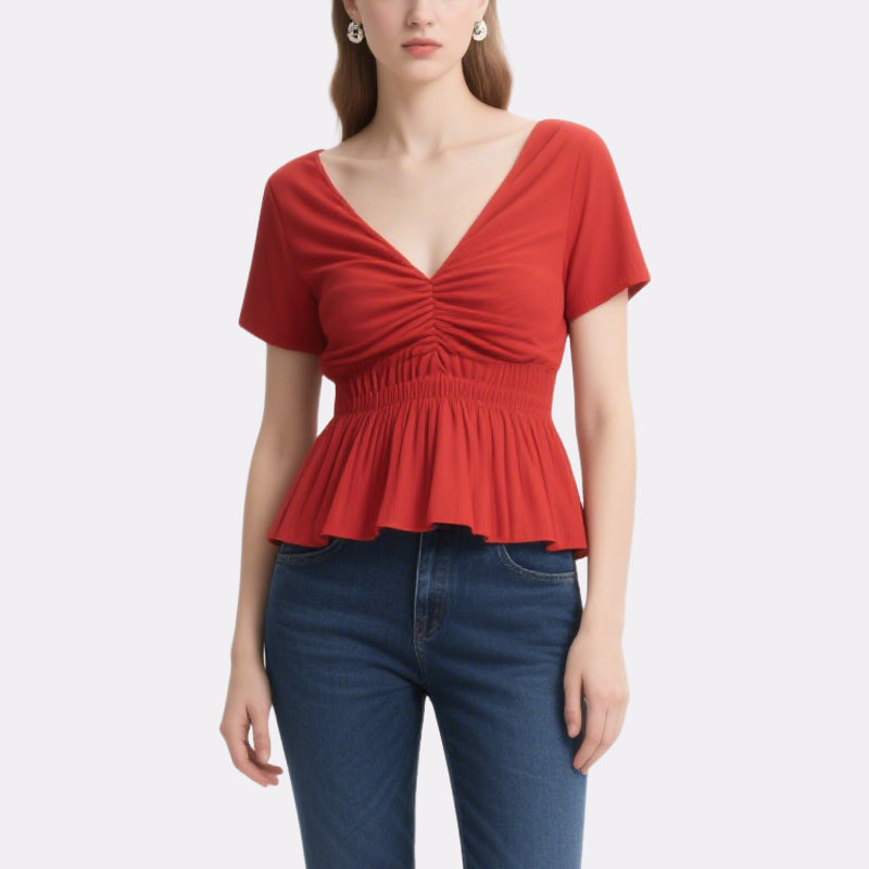 Vibrant and Eye-Catching Red Waisted V-Neck Short-Sleeved Top
