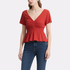 Vibrant and Eye-Catching Red Waisted V-Neck Short-Sleeved Top