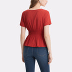 Vibrant and Eye-Catching Red Waisted V-Neck Short-Sleeved Top