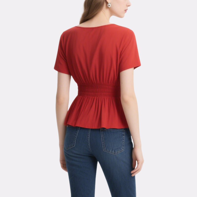 Vibrant and Eye-Catching Red Waisted V-Neck Short-Sleeved Top