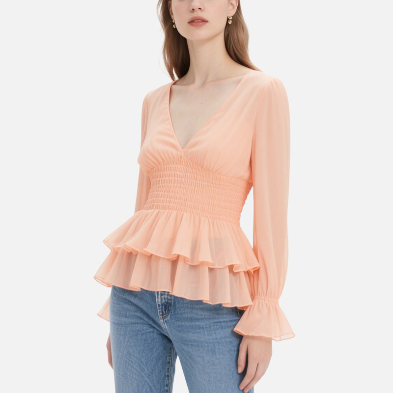 Peach Pink V-Neck Long-Sleeved Ruffled Waist Top