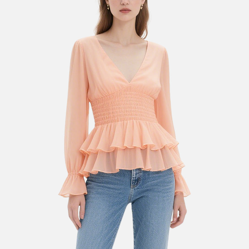 Peach Pink V-Neck Long-Sleeved Ruffled Waist Top