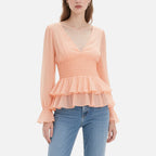 Peach Pink V-Neck Long-Sleeved Ruffled Waist Top