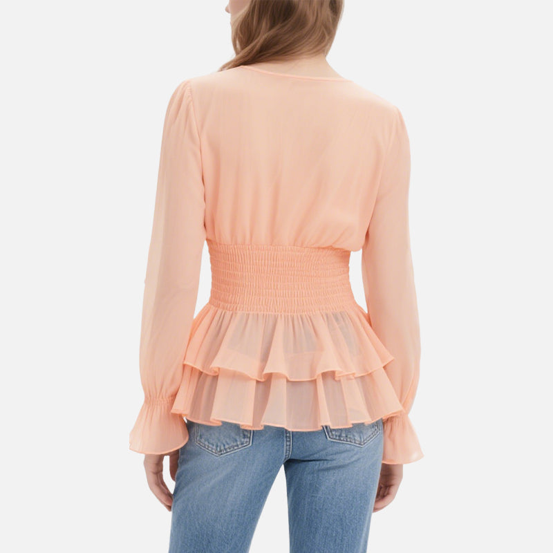 Peach Pink V-Neck Long-Sleeved Ruffled Waist Top