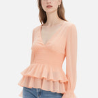 Peach Pink V-Neck Long-Sleeved Ruffled Waist Top
