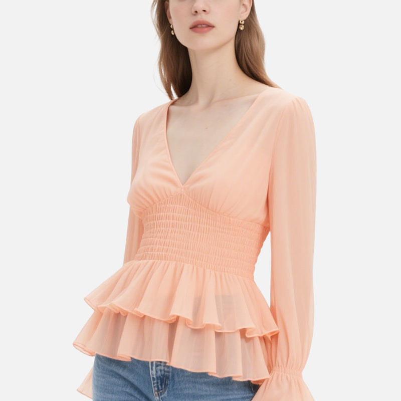 Peach Pink V-Neck Long-Sleeved Ruffled Waist Top