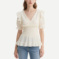 Gentle and Sweet Style Off-White Ruffled V V-Neck Short-Sleeved Waist Top