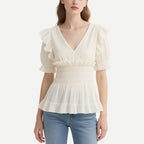 Gentle and Sweet Style Off-White Ruffled V V-Neck Short-Sleeved Waist Top