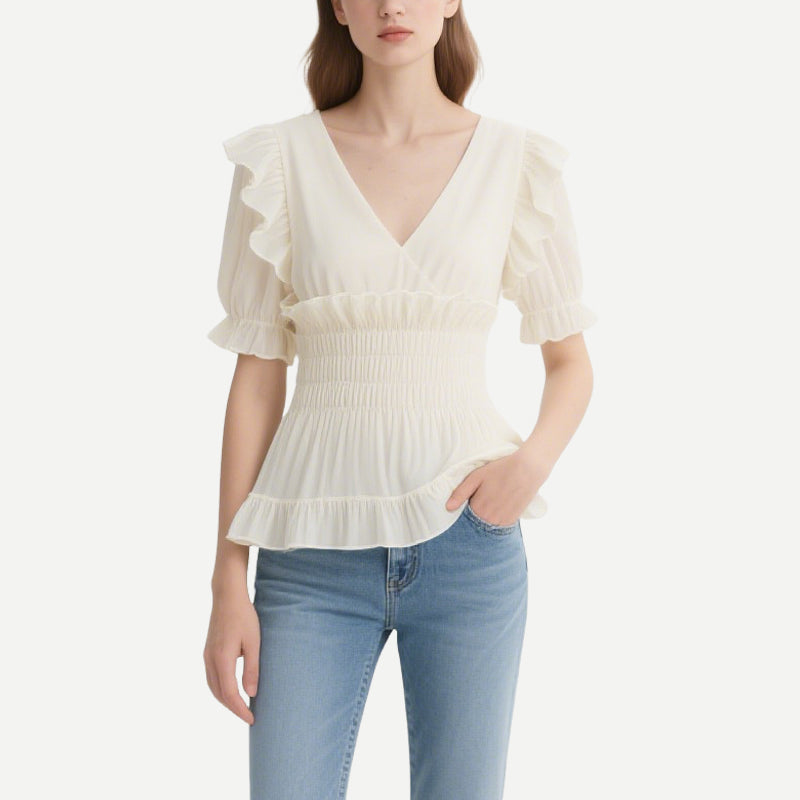 Gentle and Sweet Style Off-White Ruffled V V-Neck Short-Sleeved Waist Top
