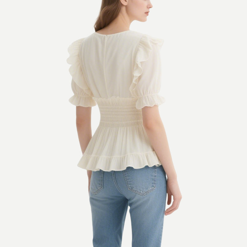 Gentle and Sweet Style Off-White Ruffled V V-Neck Short-Sleeved Waist Top