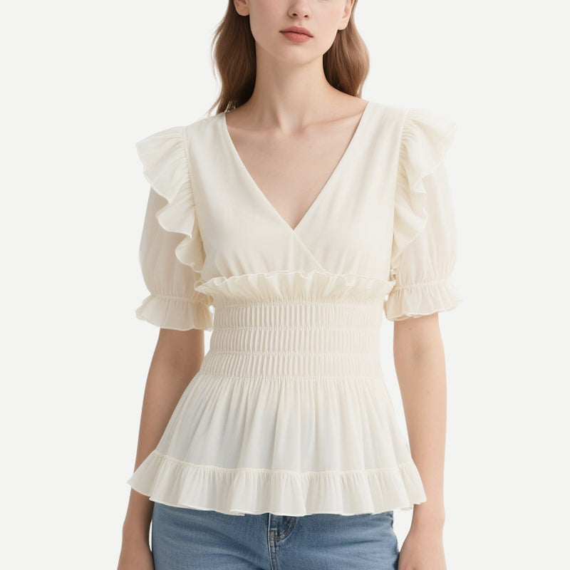 Gentle and Sweet Style Off-White Ruffled V V-Neck Short-Sleeved Waist Top