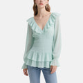 Romantic and Elegant Light Green Ruffled V-Neck Multi-layered Ruffled Top
