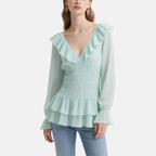 Romantic and Elegant Light Green Ruffled V-Neck Multi-layered Ruffled Top