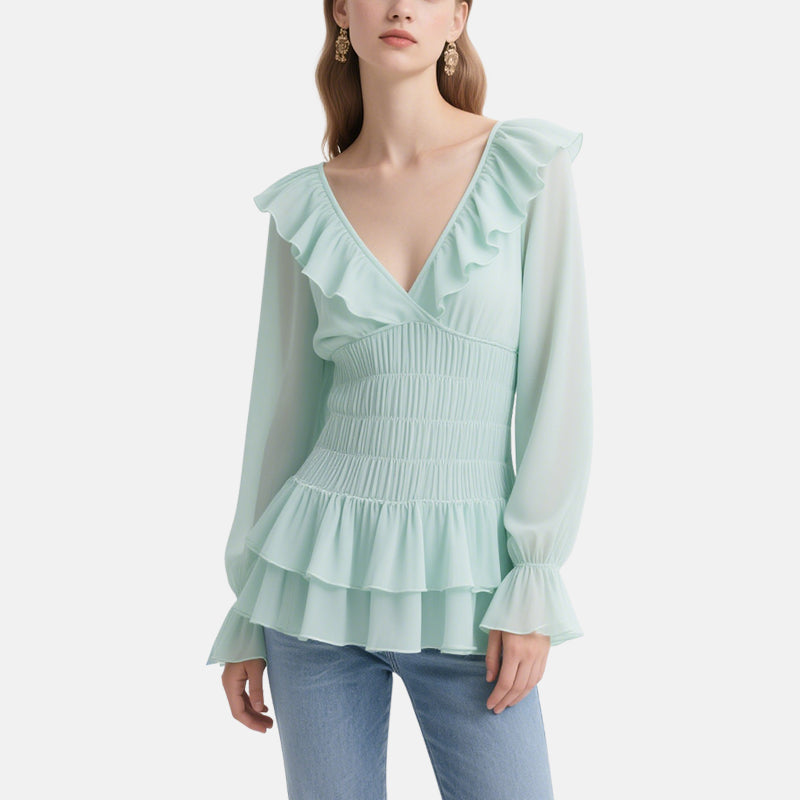 Romantic and Elegant Light Green Ruffled V-Neck Multi-layered Ruffled Top