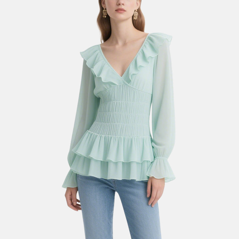 Romantic and Elegant Light Green Ruffled V-Neck Multi-layered Ruffled Top