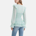Romantic and Elegant Light Green Ruffled V-Neck Multi-layered Ruffled Top