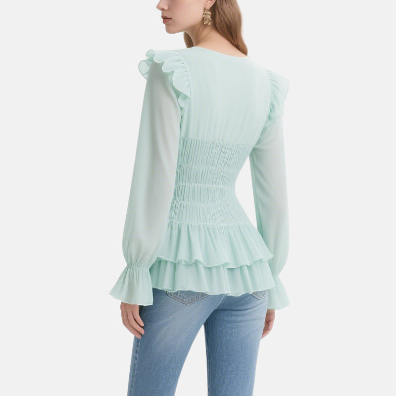 Romantic and Elegant Light Green Ruffled V-Neck Multi-layered Ruffled Top