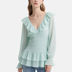 Romantic and Elegant Light Green Ruffled V-Neck Multi-layered Ruffled Top