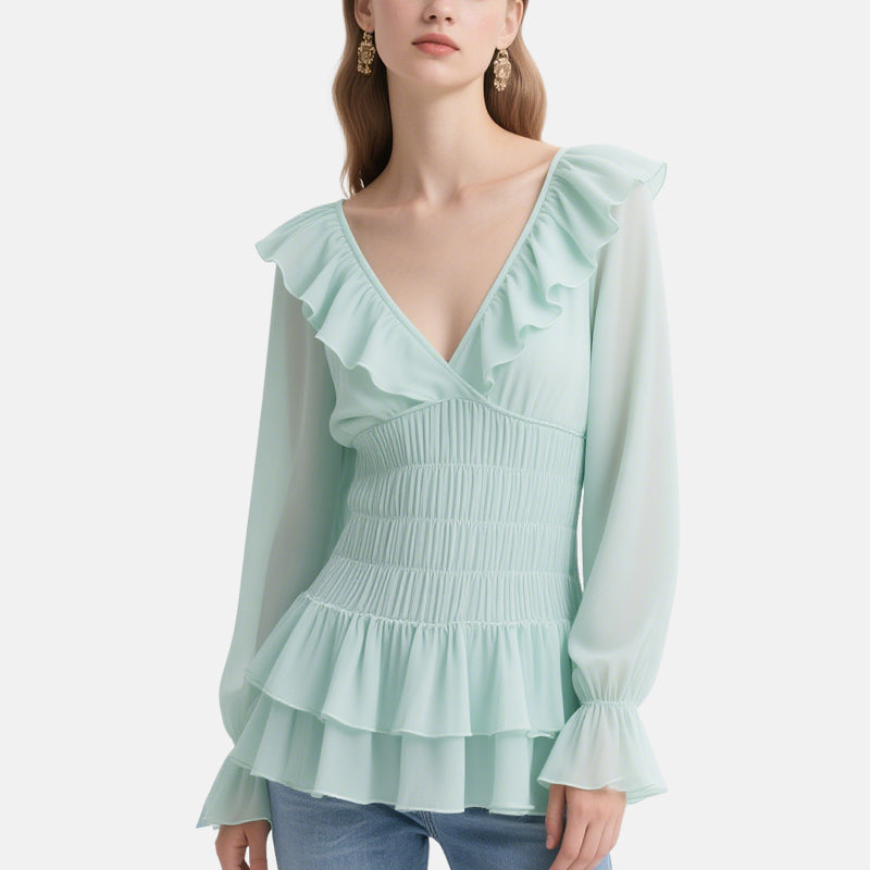 Romantic and Elegant Light Green Ruffled V-Neck Multi-layered Ruffled Top