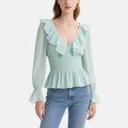 Fresh and Sweet Light Green Ruffled V-Neck Long-Sleeved Waist Top