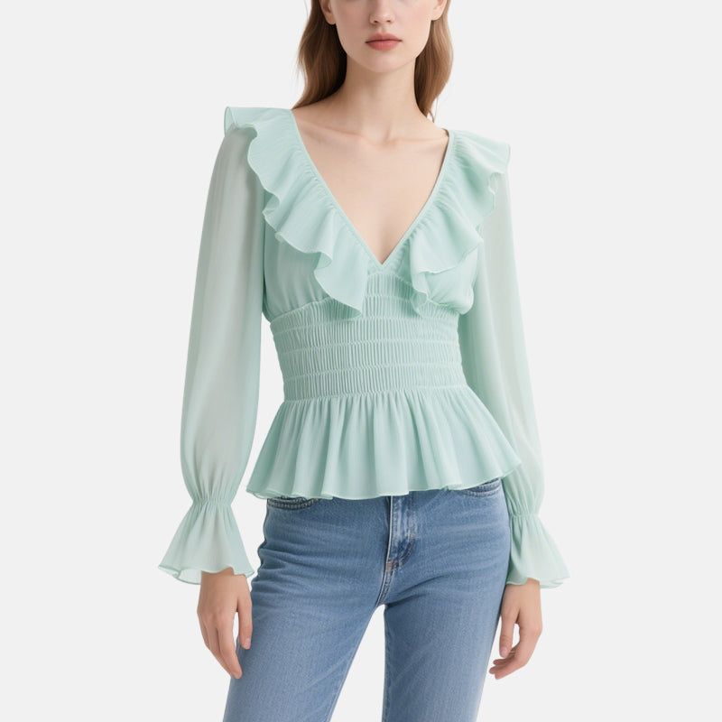 Fresh and Sweet Light Green Ruffled V-Neck Long-Sleeved Waist Top