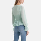 Fresh and Sweet Light Green Ruffled V-Neck Long-Sleeved Waist Top