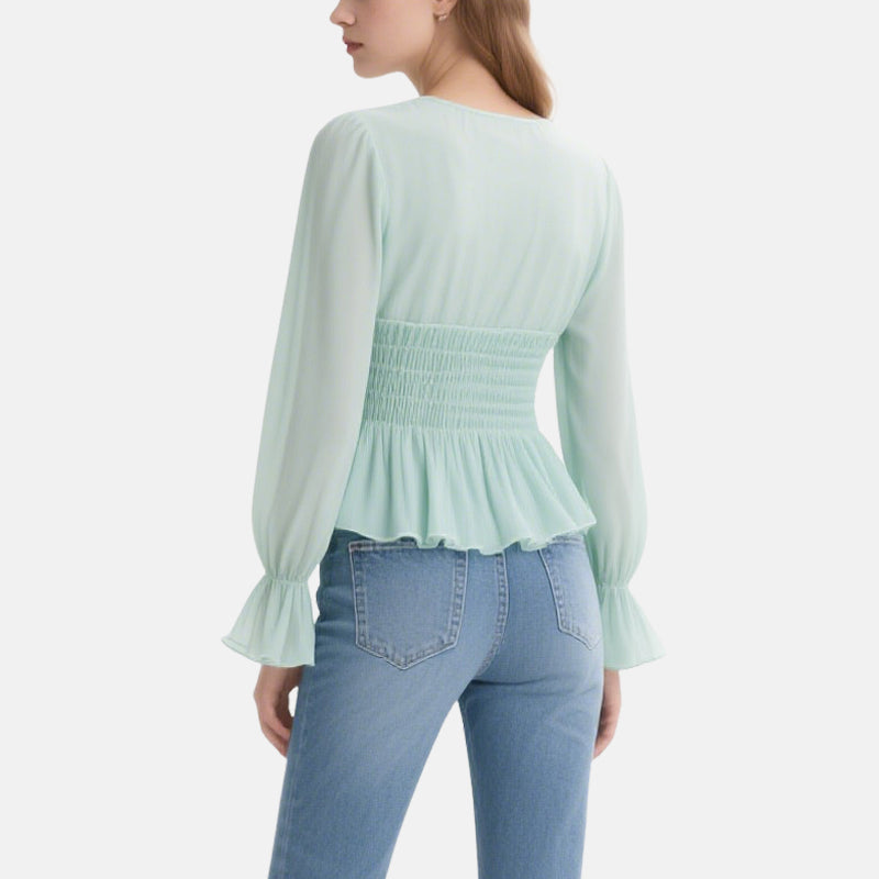 Fresh and Sweet Light Green Ruffled V-Neck Long-Sleeved Waist Top