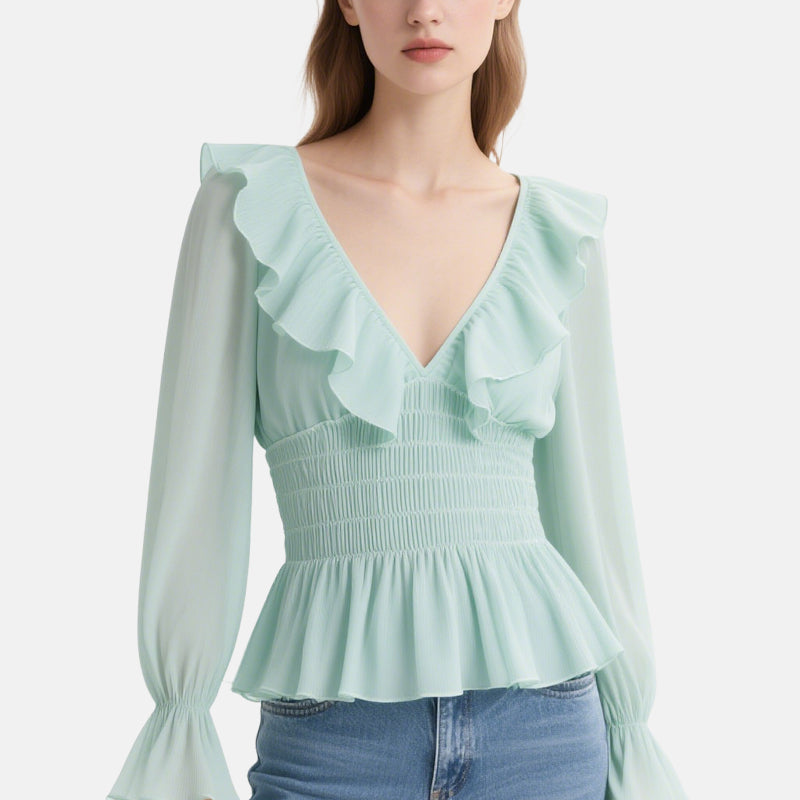 Fresh and Sweet Light Green Ruffled V-Neck Long-Sleeved Waist Top