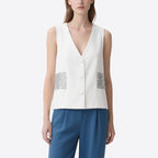 Elegant Temperament White Sequined V-Neck Sleeveless Top