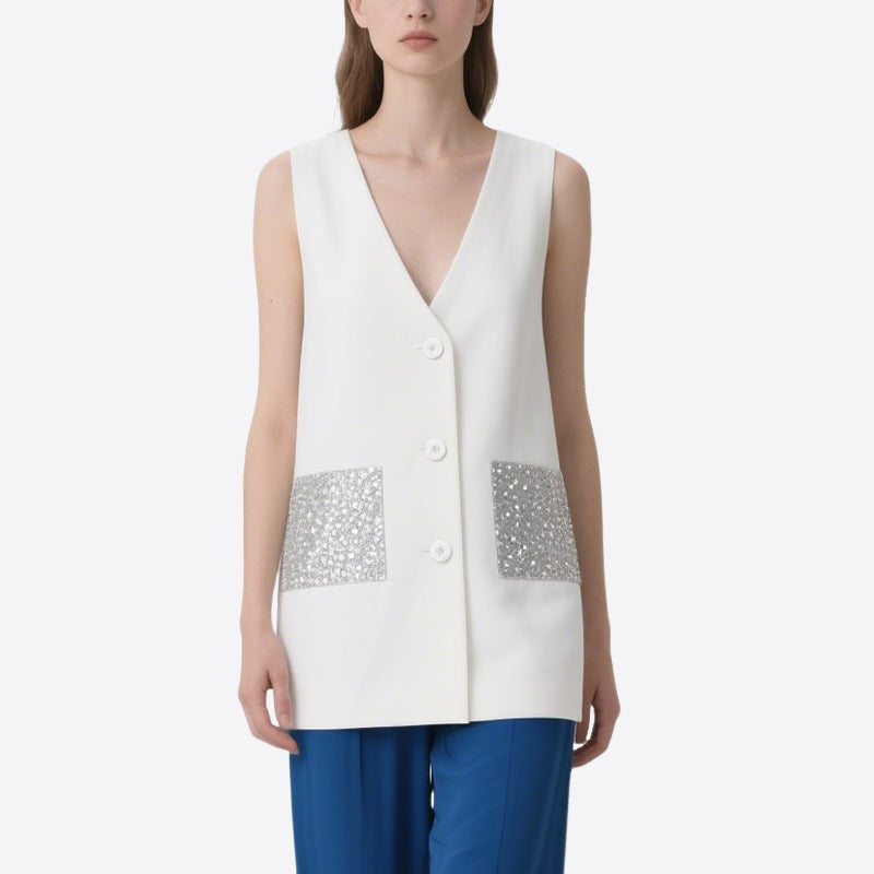 Elegant Temperament White Sequined V-Neck Sleeveless Top