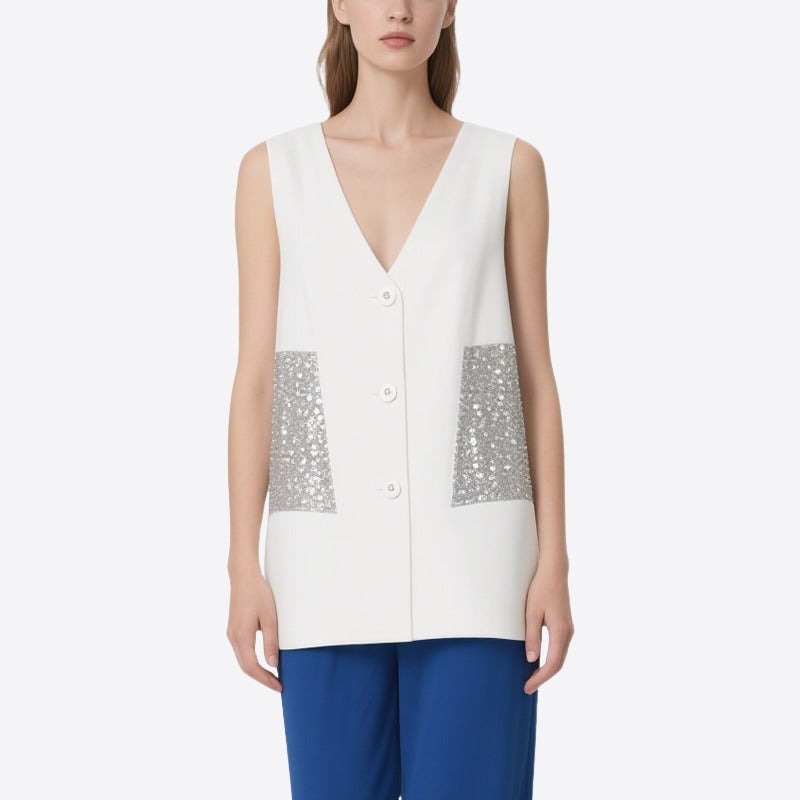 Elegant Temperament White Sequined V-Neck Sleeveless Top