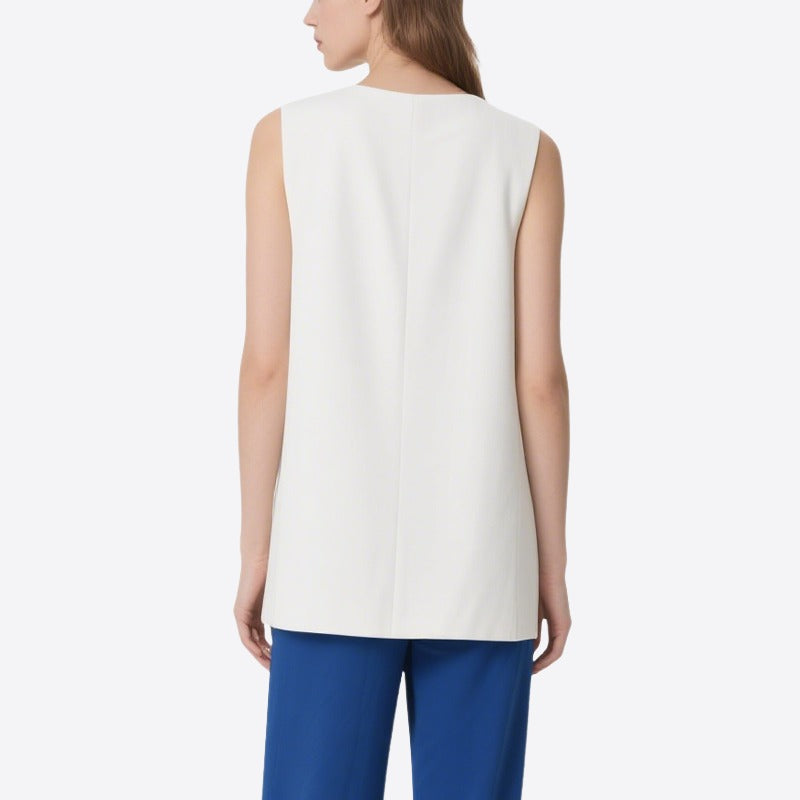 Elegant Temperament White Sequined V-Neck Sleeveless Top