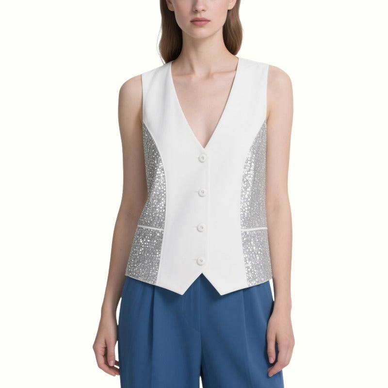 Shining Sequined White V-Neck Sleeveless Top