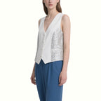 Shining Sequined White V-Neck Sleeveless Top