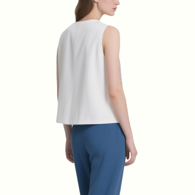 Shining Sequined White V-Neck Sleeveless Top