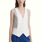 Shining Sequined White V-Neck Sleeveless Top
