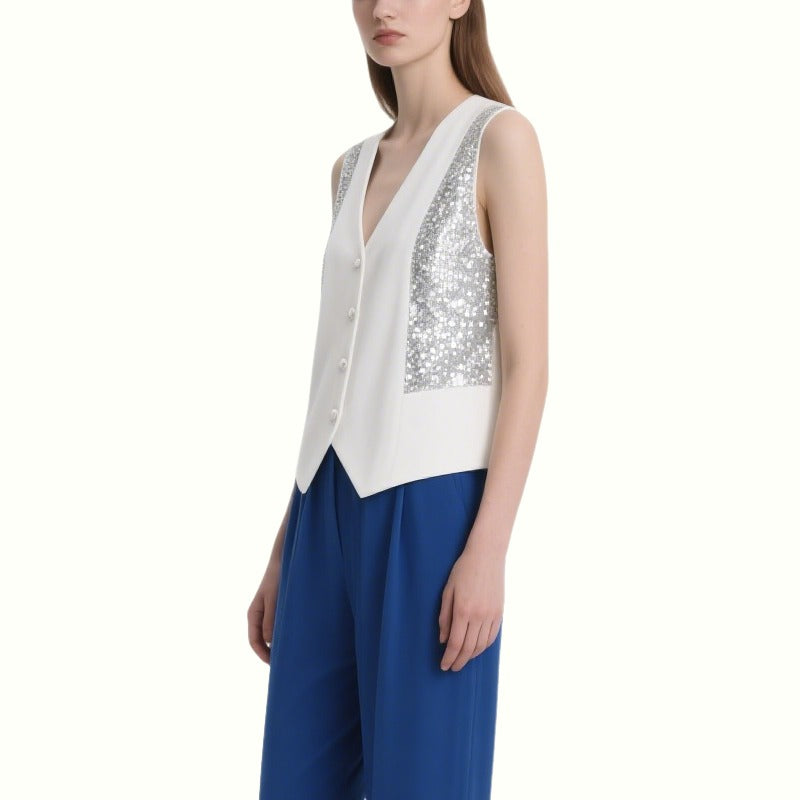 Shining Sequined White V-Neck Sleeveless Top