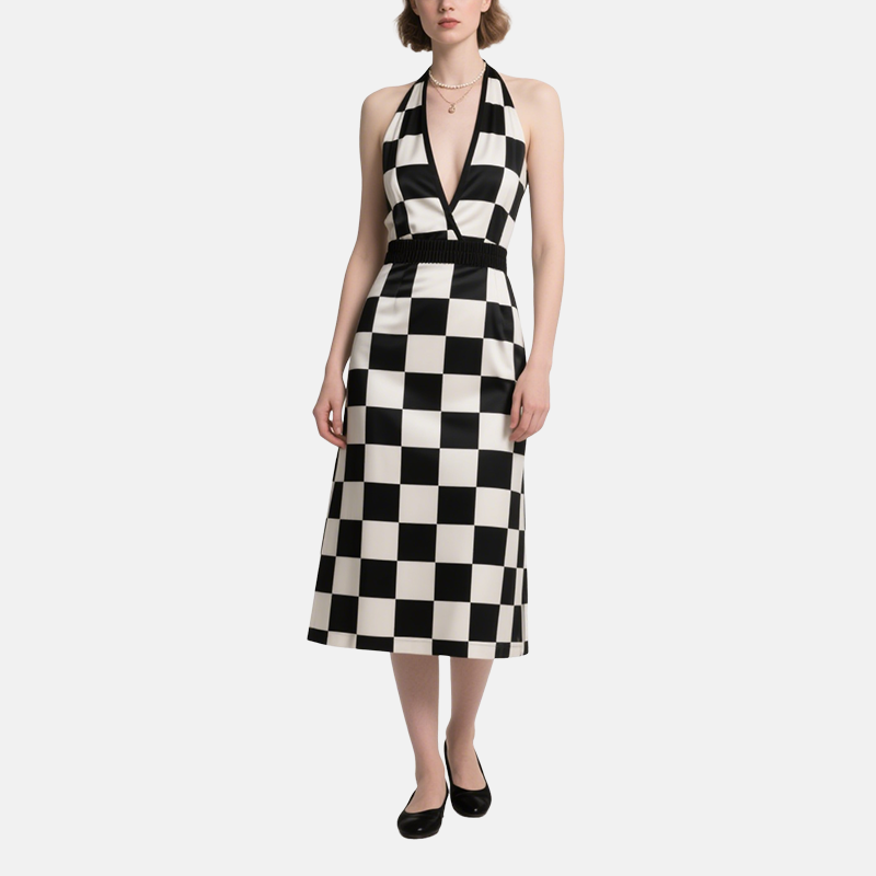 Black Block Design V-Neck Strap Mid-Length Dress