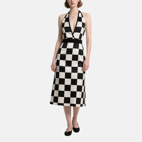 Black Block Design V-Neck Strap Mid-Length Dress
