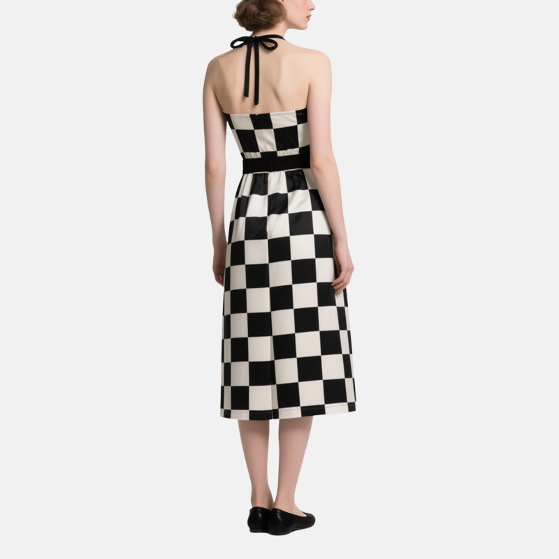 Black Block Design V-Neck Strap Mid-Length Dress