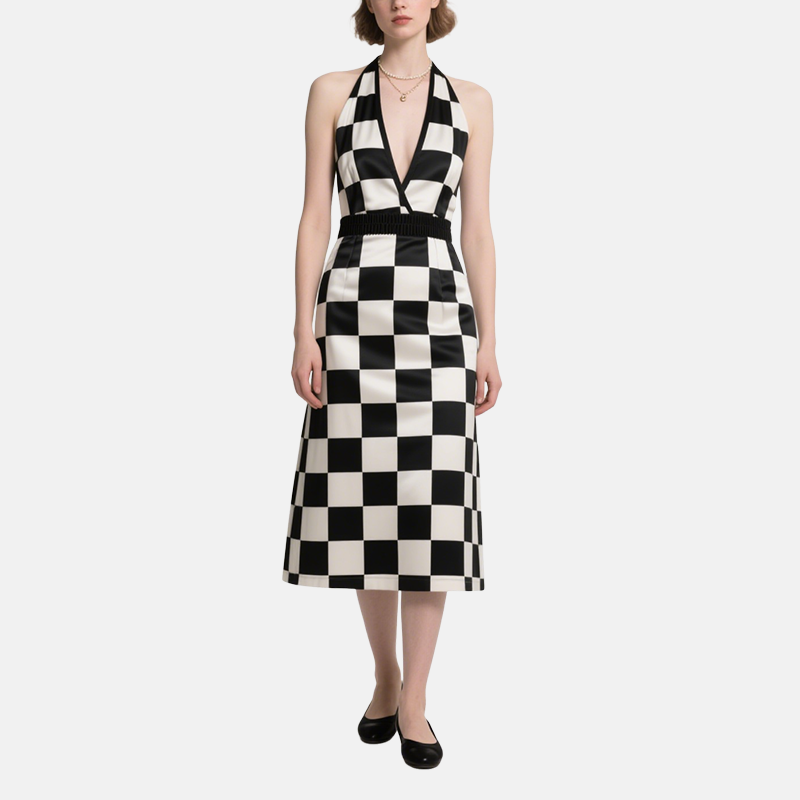 Black Block Design V-Neck Strap Mid-Length Dress