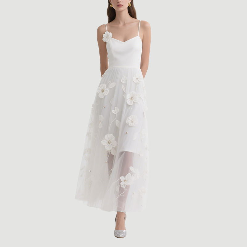 Sweet Flower Embroidery Dress Mid-Length
