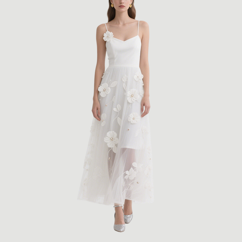 Sweet Flower Embroidery Dress Mid-Length