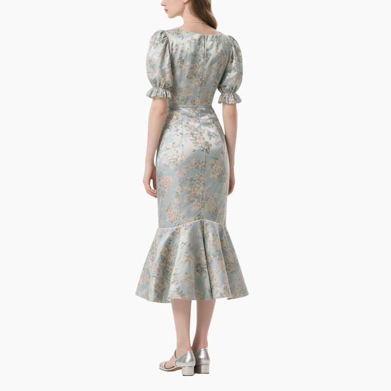 Elegant Printed Mid-Length Puff Sleeve Dress for Women