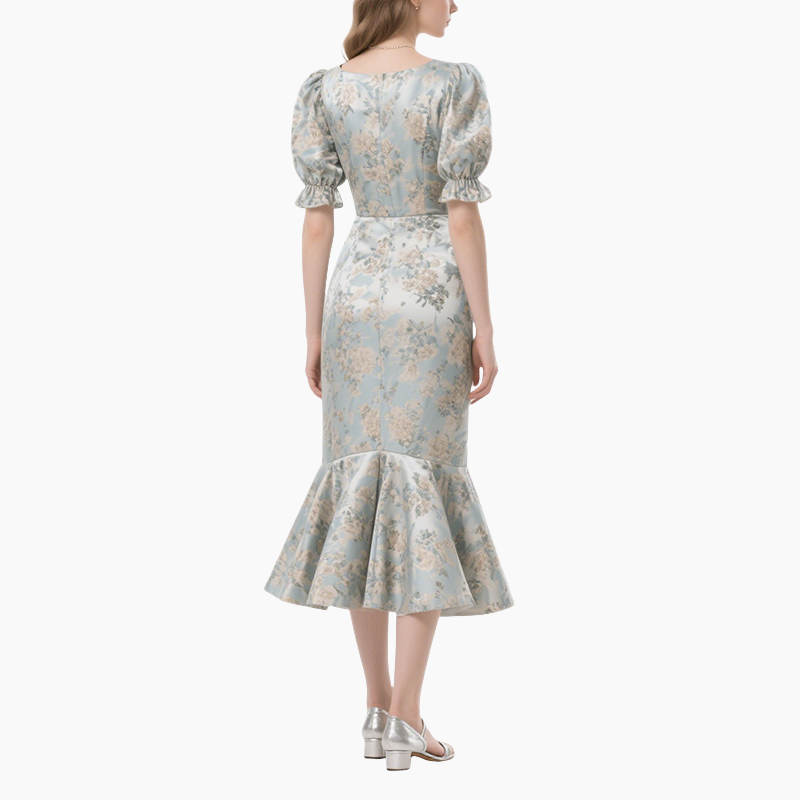 Elegant Printed Mid-Length Puff Sleeve Dress for Women