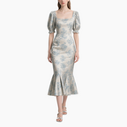 Elegant Printed Mid-Length Puff Sleeve Dress for Women